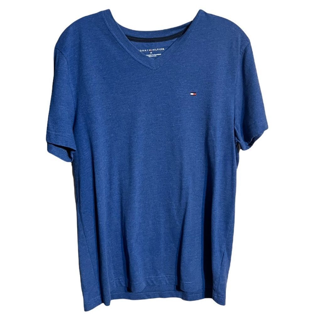 Tommy Hilfiger Blue V Neck Blue Stretch T Shirt Logo Sz M